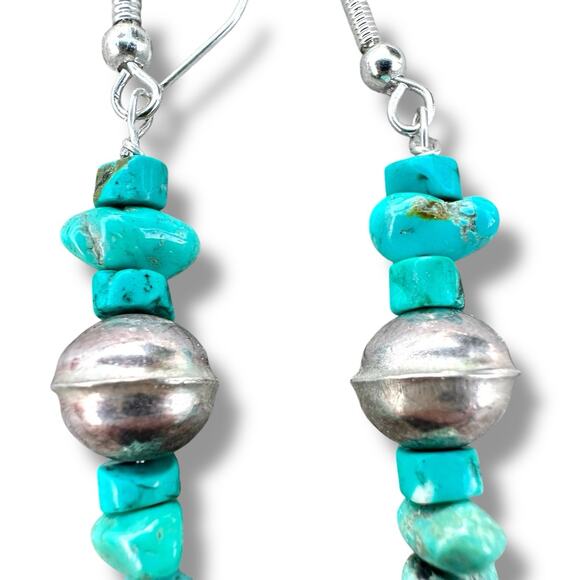 Turquoise Sterling Silver Bench Bead Nugget Stack Southwest 925 Dangle Earrings - Picture 3 of 4
